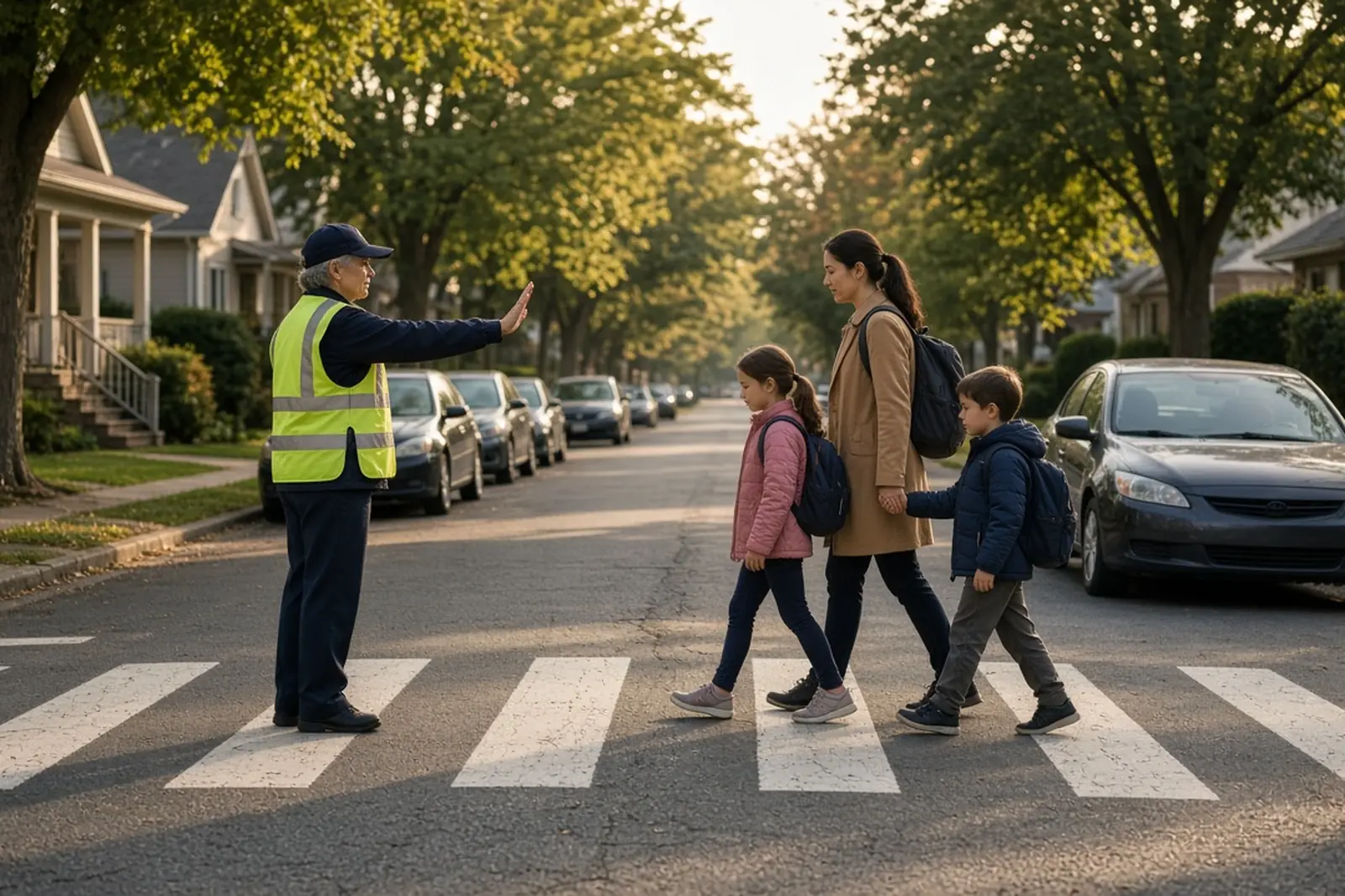 Preventing a child pedestrian accident: a crossing guard stops traffic as a parent walks two children across the street.