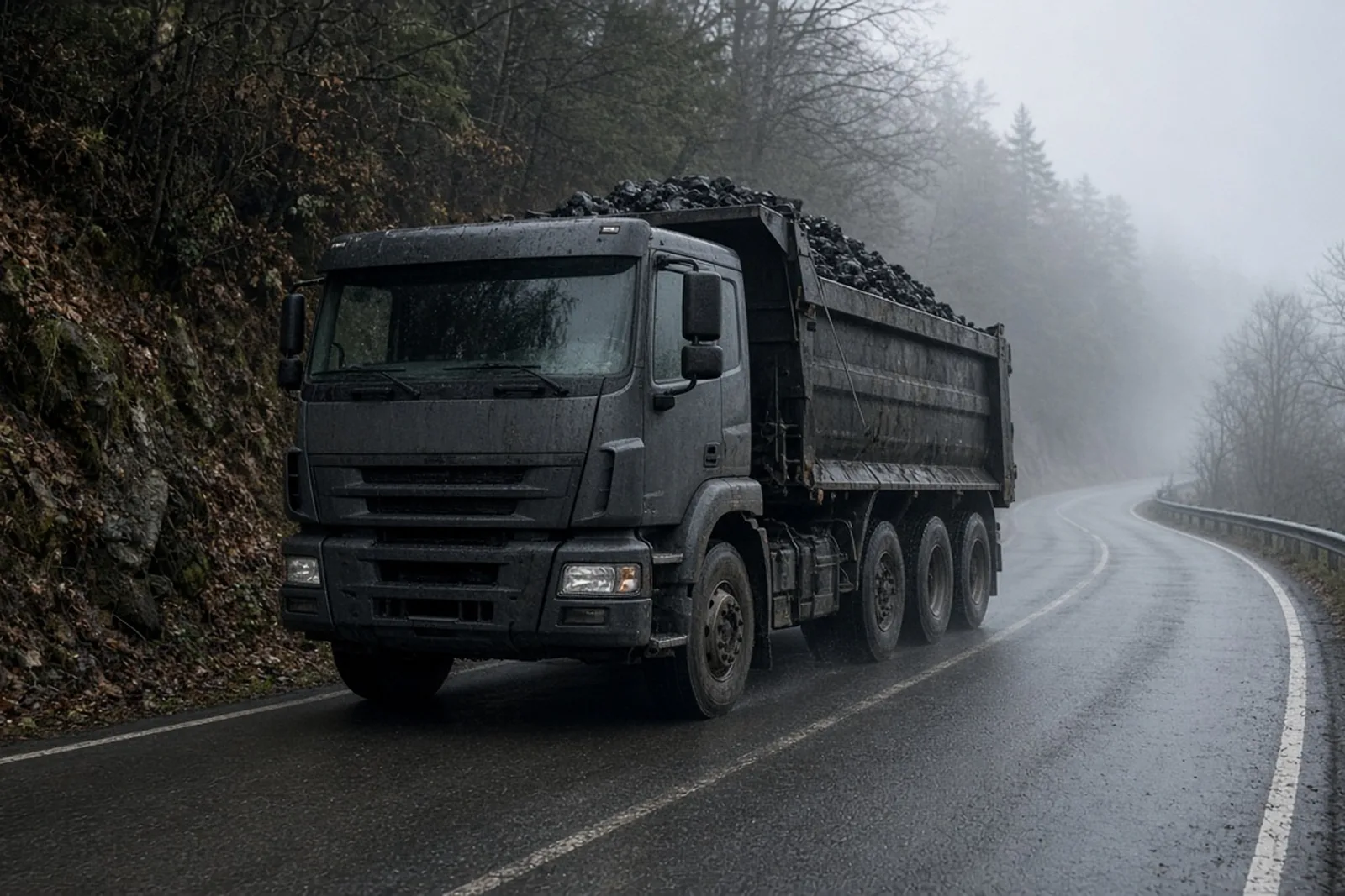 A loaded coal truck rounds a curve on a narrow mountain road in Eastern Kentucky, where a coal truck accident can turn catastrophic.