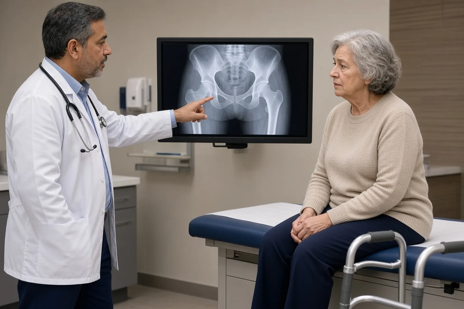 Slip and fall injuries: doctor reviewing a hip X-ray with an older woman in a hospital exam room after a fall