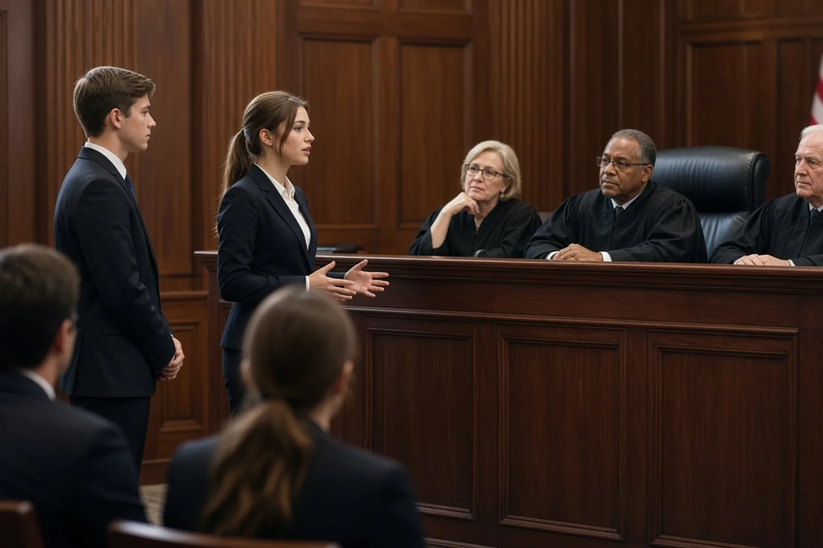 Students presenting in a mock trial courtroom at a community event
