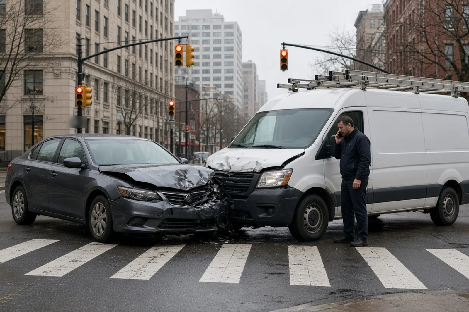 Company vehicle: damaged sedan beside a white work van with a ladder rack at a Louisville intersection after a crash