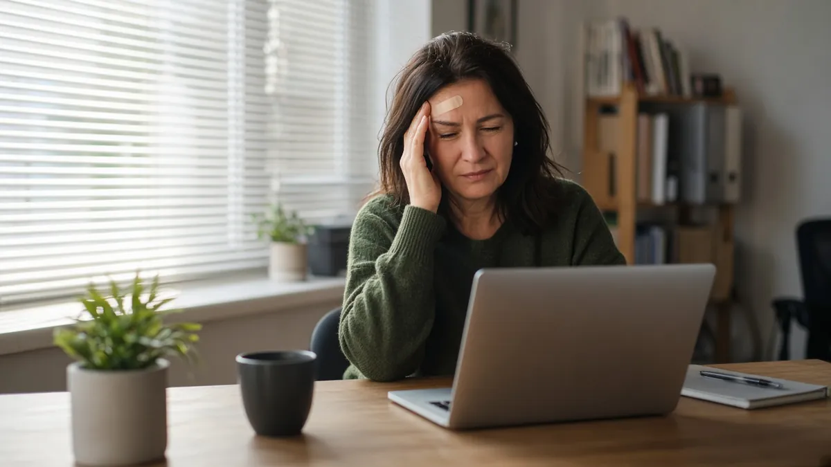 Concussion after a car accident: a woman with a headache shields her eyes from screen light days after a crash.