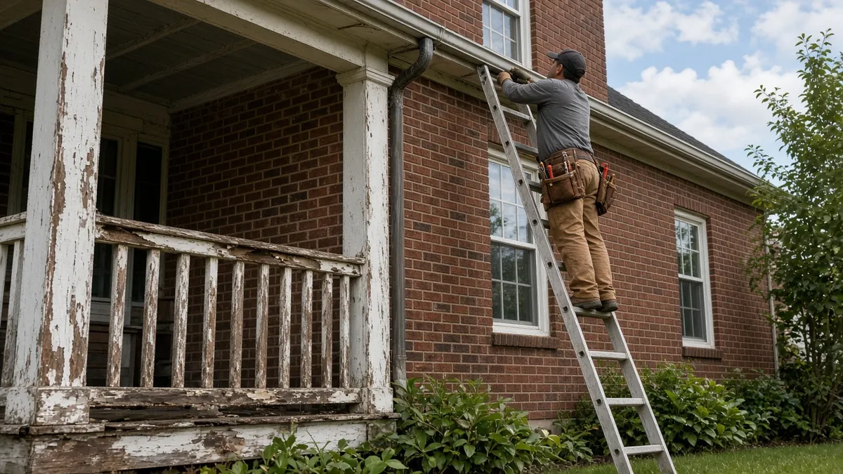 A contractor on a ladder repairing a house gutter beside a broken porch railing, a setting where a contractor injured at home may have a claim.