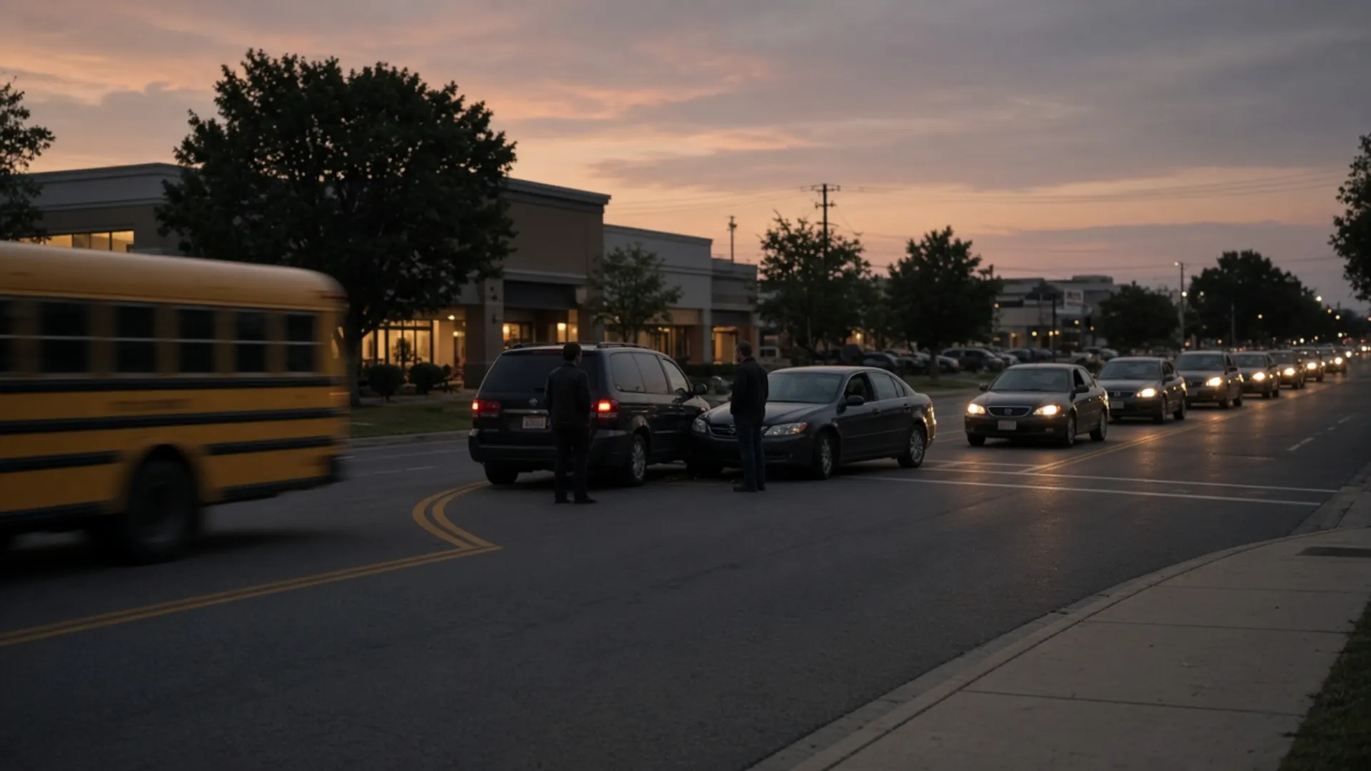 Crestwood, KY personal injury lawyer — Commuters stopped after a rear-end crash at a suburban intersection with a turn lane near Crestwood at dusk