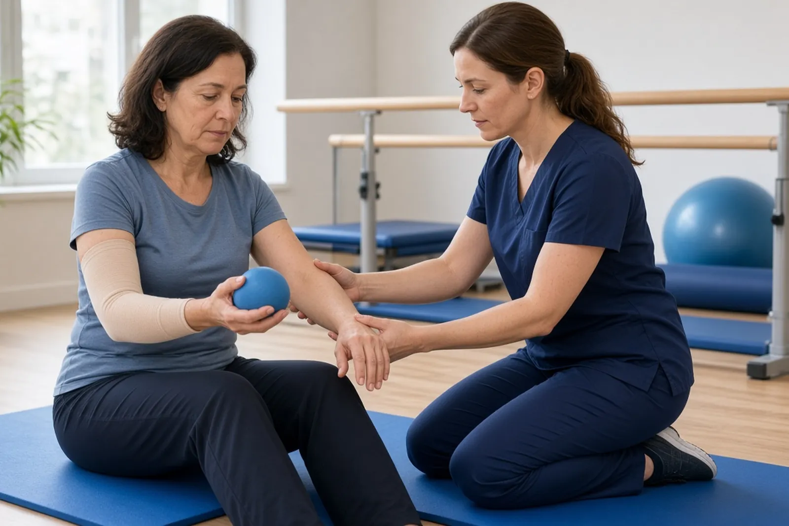 CRPS recovery: a woman with a compression sleeve works on hand strength with a physical therapist.