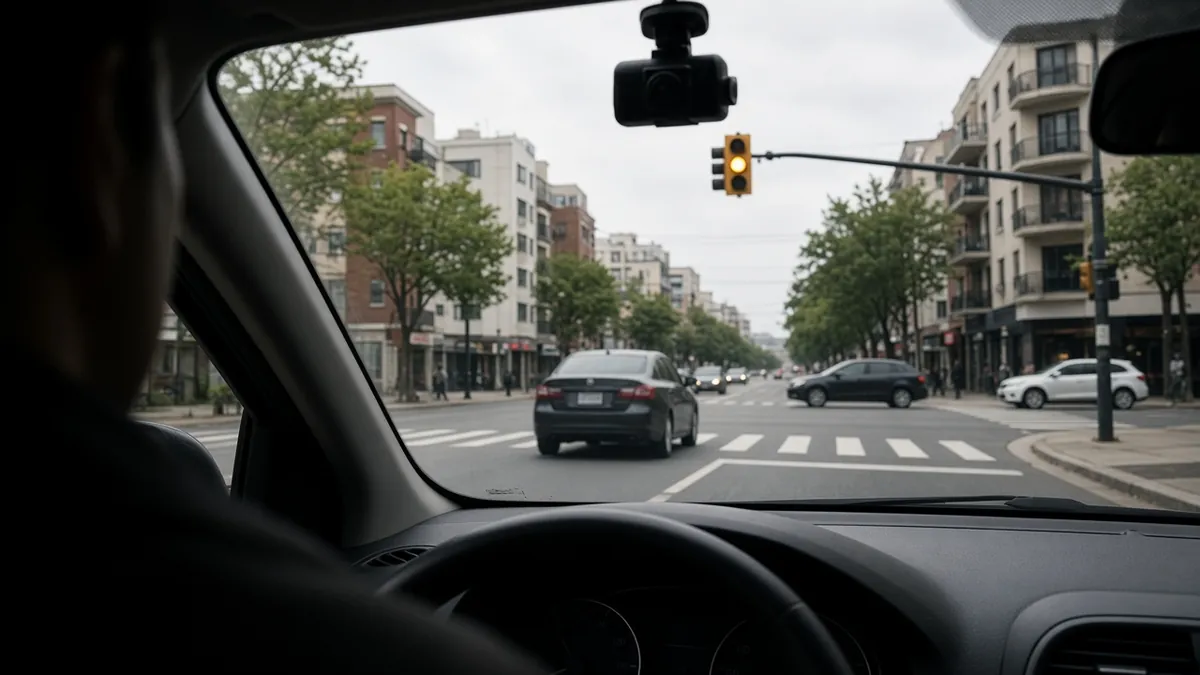 Dashcam footage in the making: a small camera behind a car's rearview mirror records traffic at an intersection.