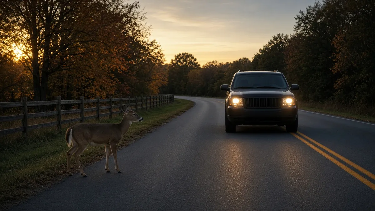 Deer crash in Kentucky risk: a doe steps onto a rural road at dusk as an SUV brakes.