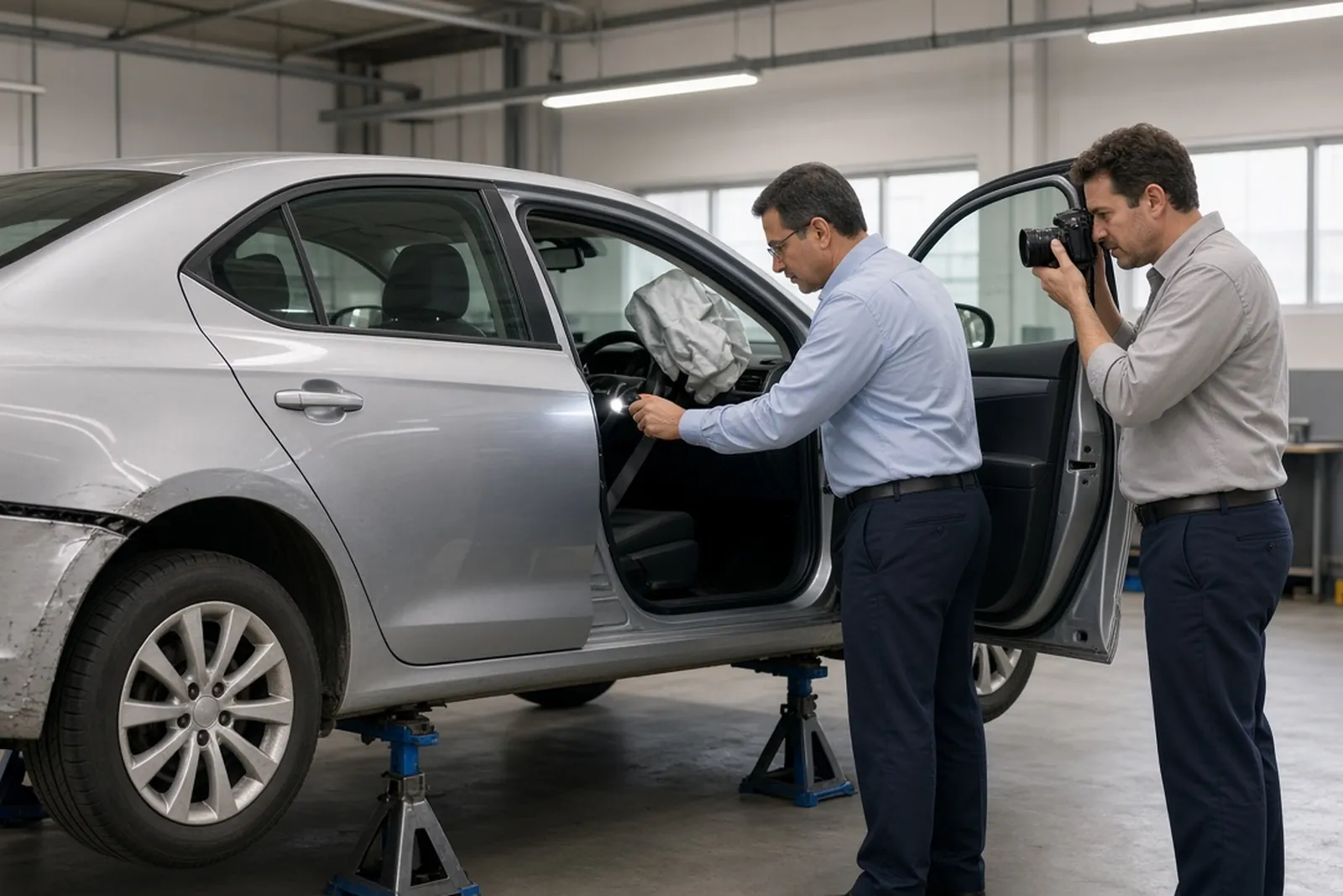 Engineers inspect a crashed sedan's seat belt and airbag for a defective vehicle claim.