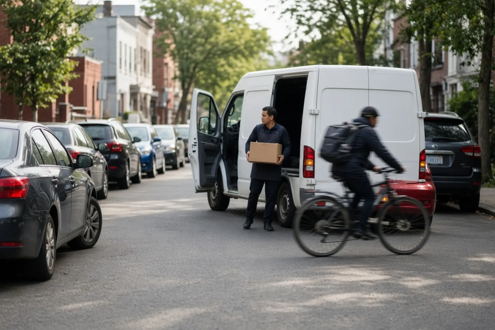 Cyclist swerving around a double-parked delivery van on a Louisville street to avoid a delivery vehicle crash.