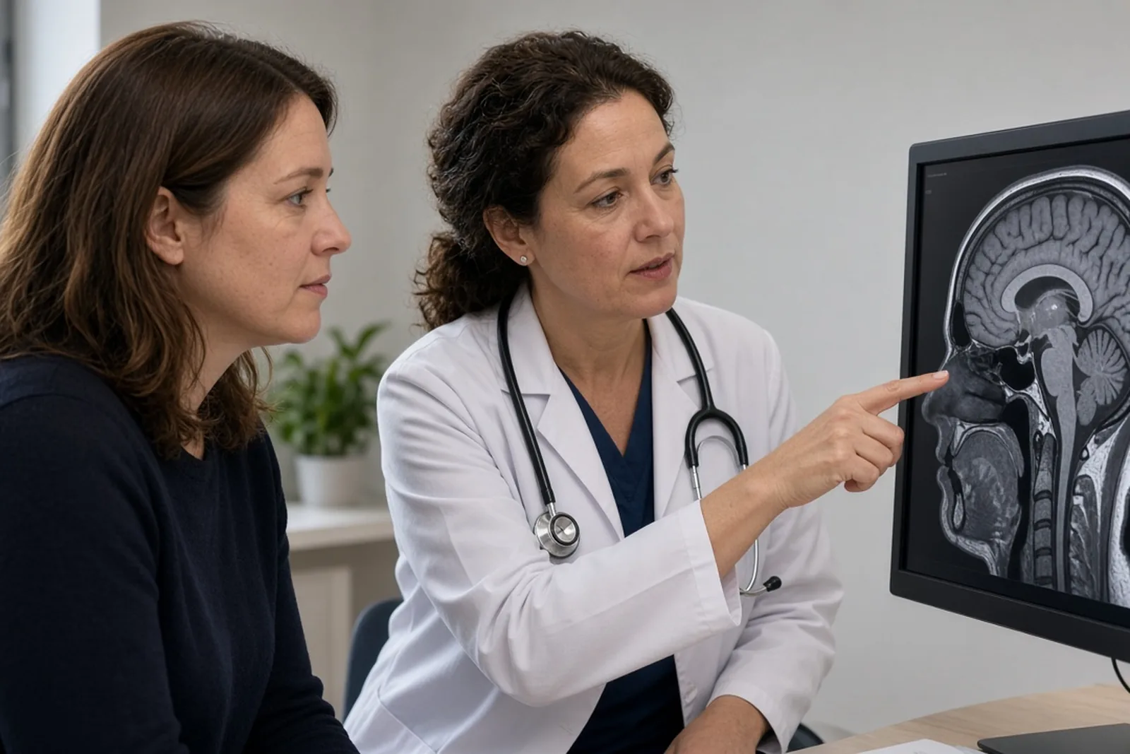 Woman reviewing medical imaging results with a doctor before a Depo-Provera lawsuit