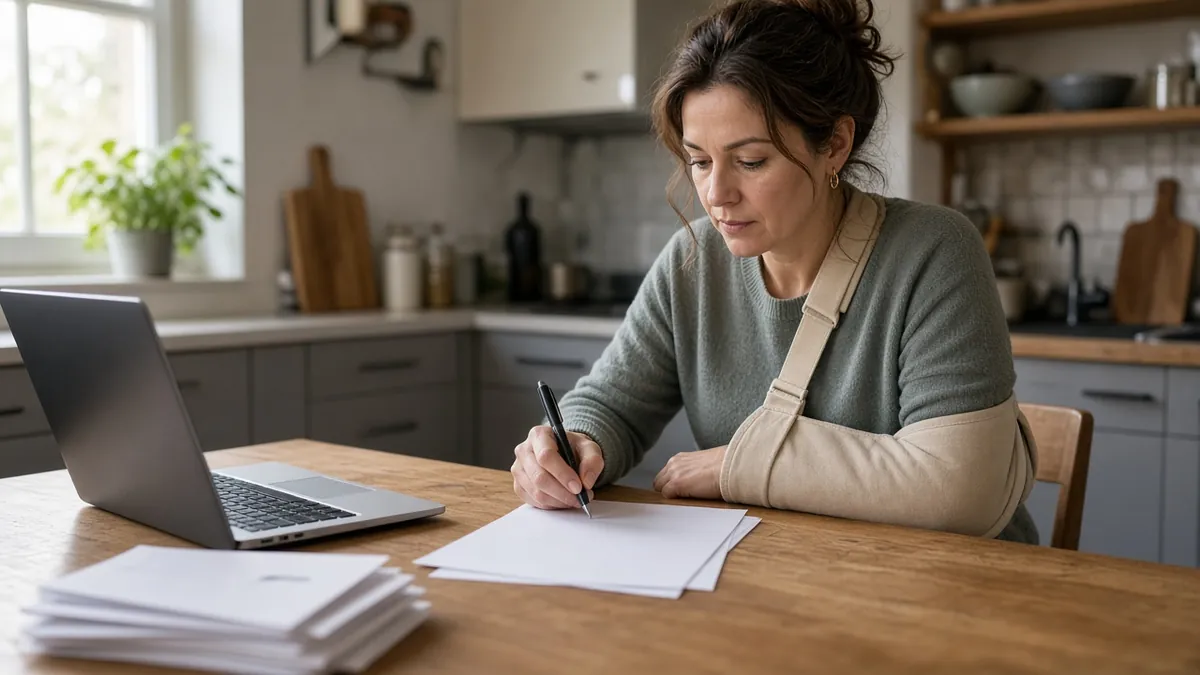 How to direct PIP benefits: an injured driver signs a written PIP direction letter at a kitchen table.