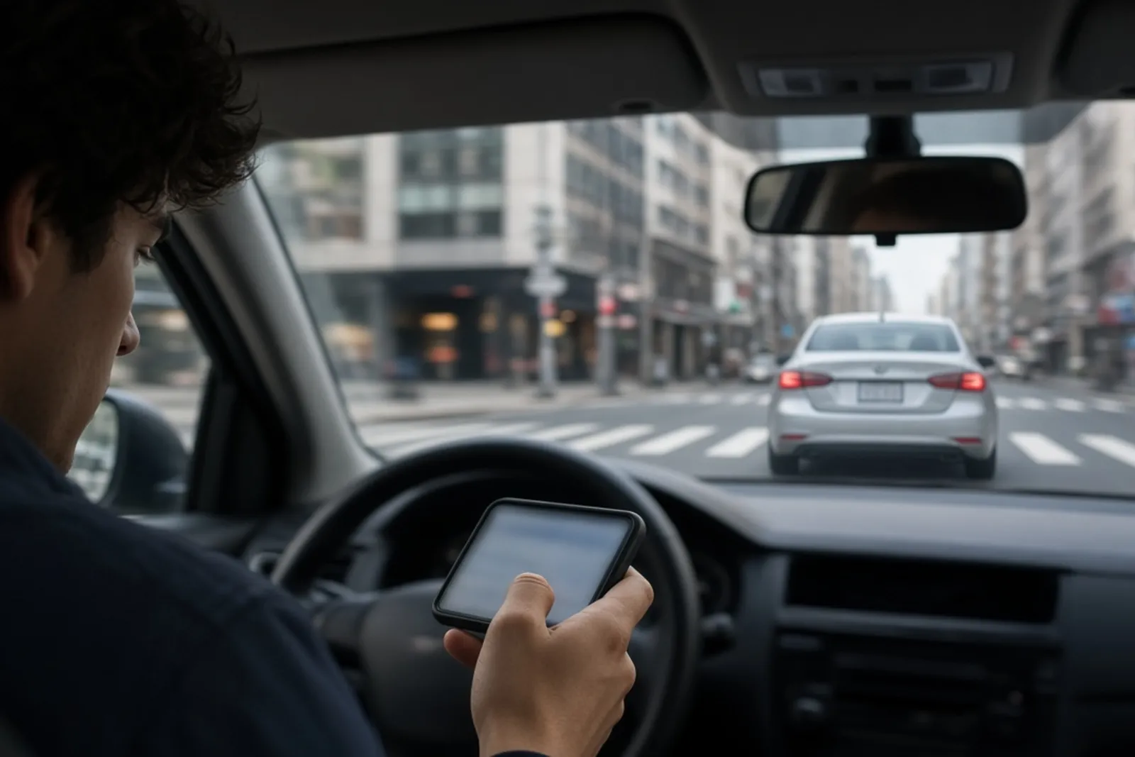 Driver looking down at a phone while traffic stops ahead, moments before a distracted driving accident.