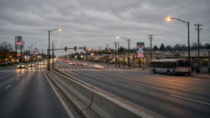 Busy multi-lane commercial highway with a raised median, traffic signals and a city bus at dusk