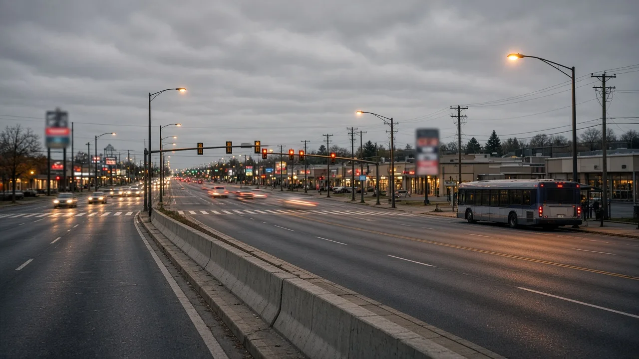 Busy multi-lane commercial highway with a raised median, traffic signals and a city bus at dusk