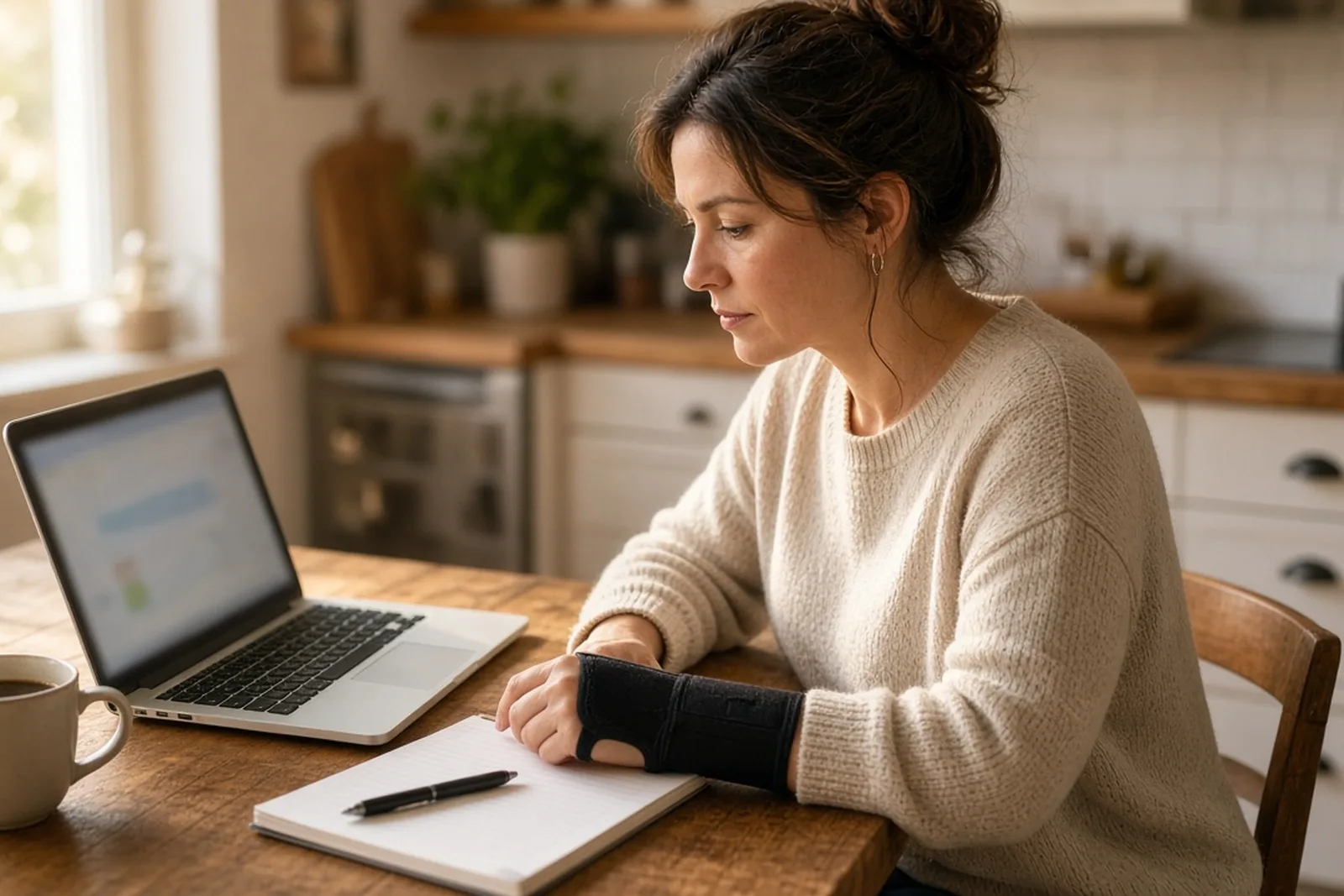 Woman with a wrist brace at a kitchen table with a laptop and a notepad, asking: do I have a case?