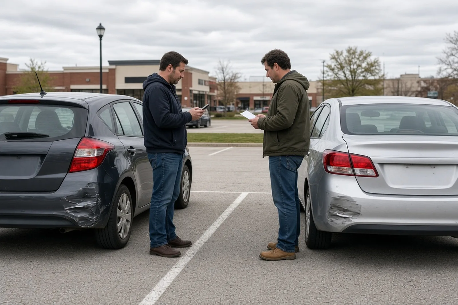 Do I need a lawyer? Two drivers exchange insurance information beside cars with minor bumper damage in a Louisville parking area.