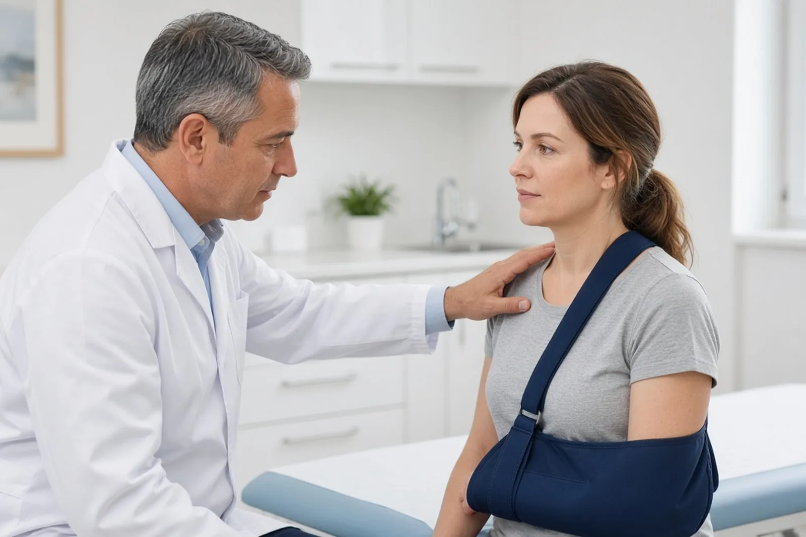 Doctor after a car accident: physician examining a patient’s neck in a Louisville clinic exam room after a crash.