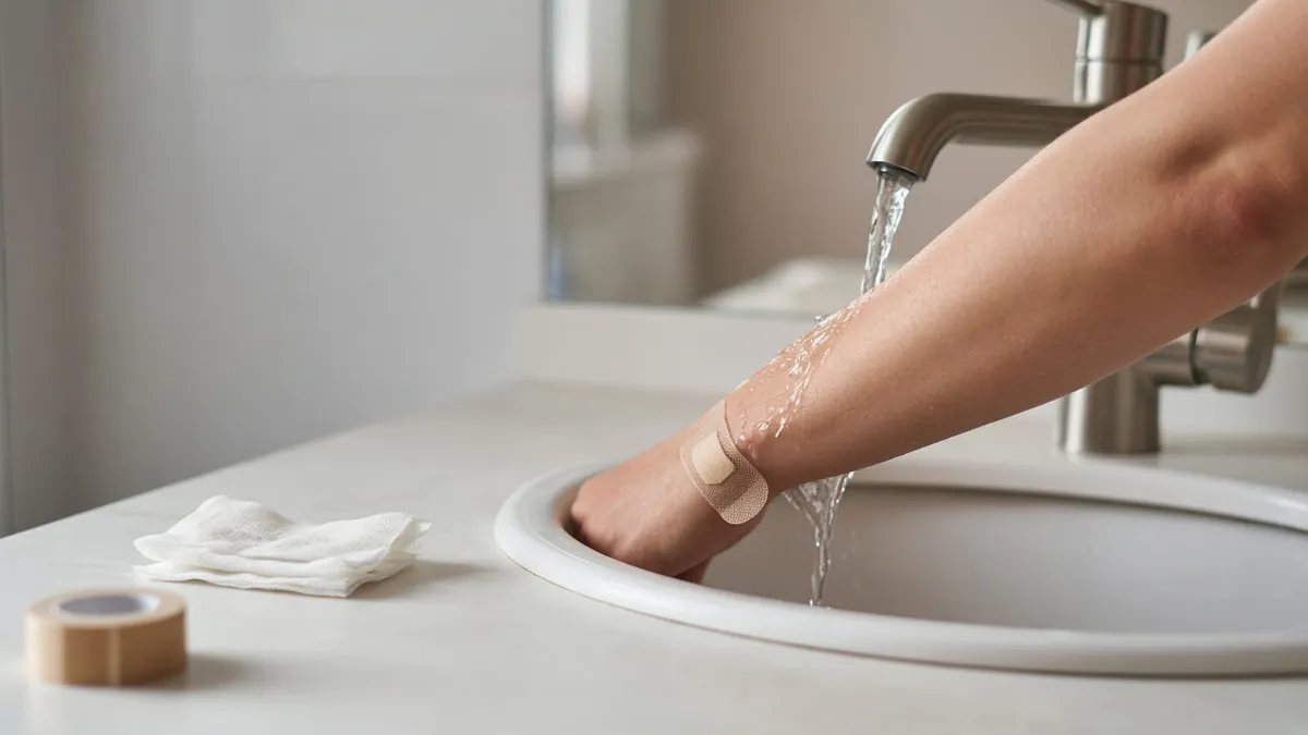 A person cleaning a minor bite wound on their forearm at a sink, the first step in what to do after a dog bite.