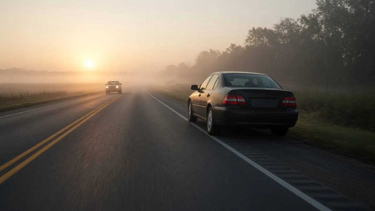 A sedan drifts onto the rumble strip at dawn, a common warning sign before a drowsy driving accident.