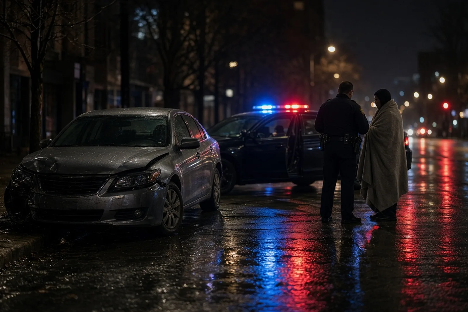 Police lights glow behind a damaged sedan at night, the kind of scene a drunk driver accident lawyer investigates, after a crash caused by an impaired driver on a Louisville street.