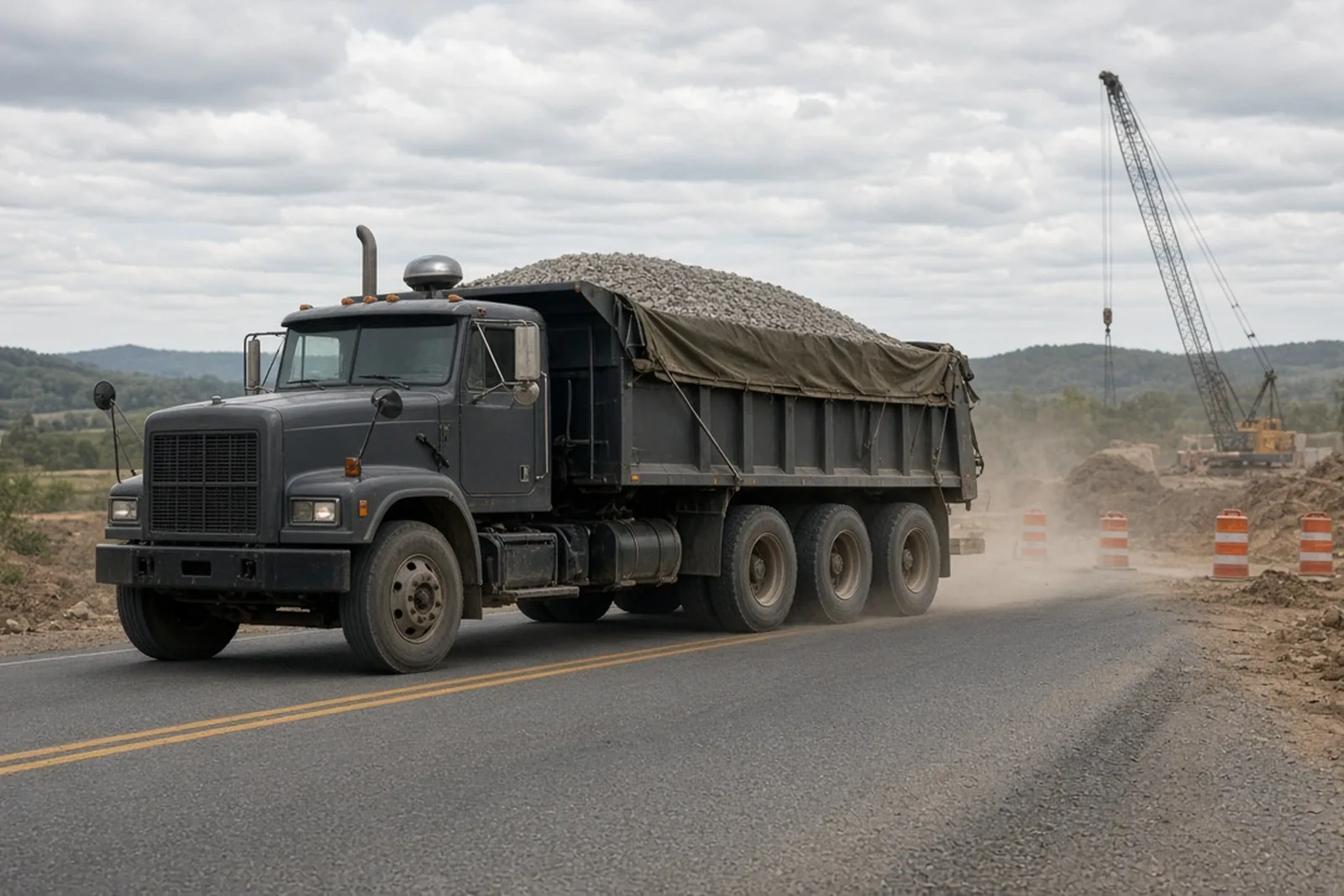 A loaded dump truck hauling gravel travels on a two-lane Kentucky road near a construction site, a common dump truck accident setting.