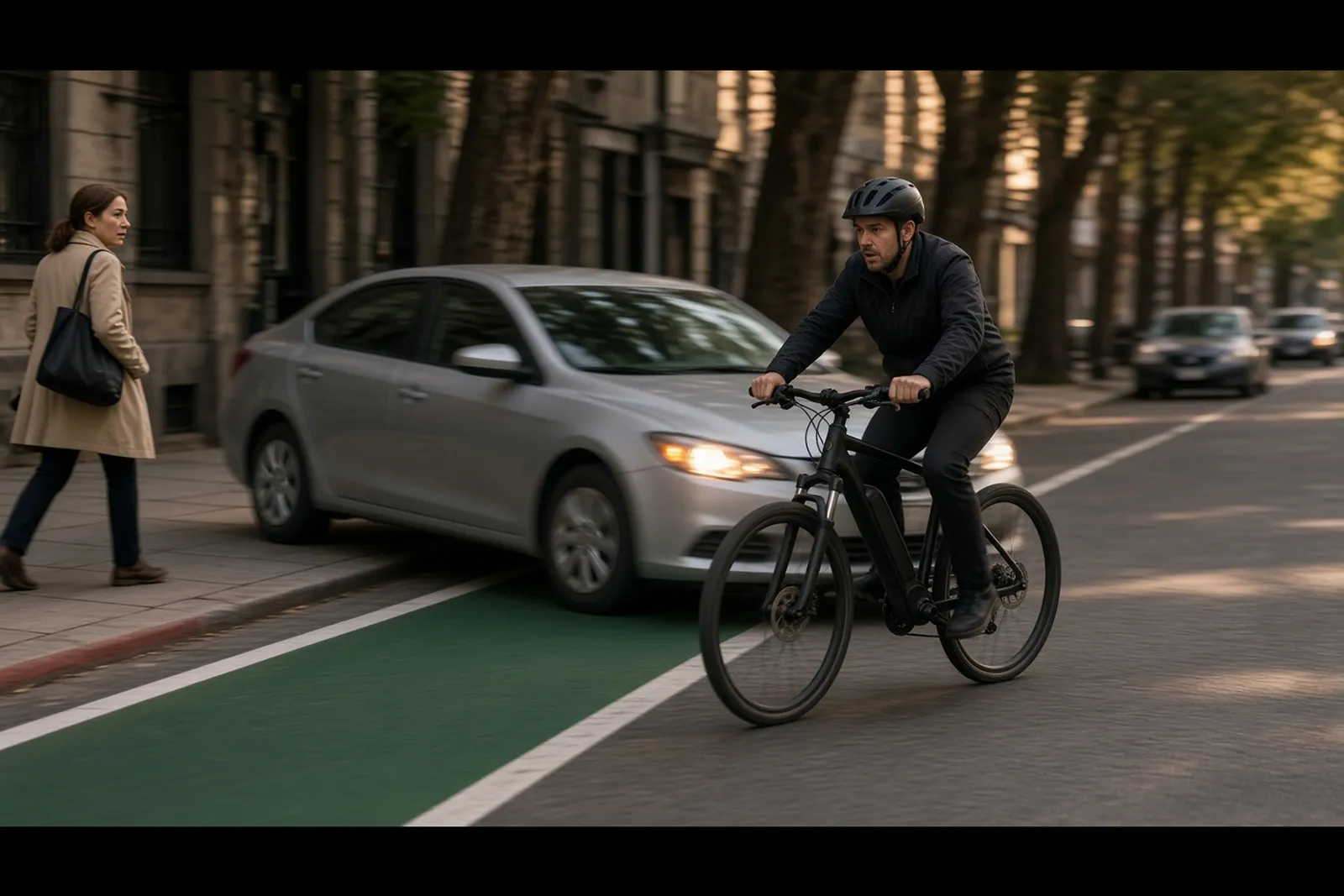 E-bike accident lawyer case scene: a rider brakes hard as a car turns across a Louisville bike lane.
