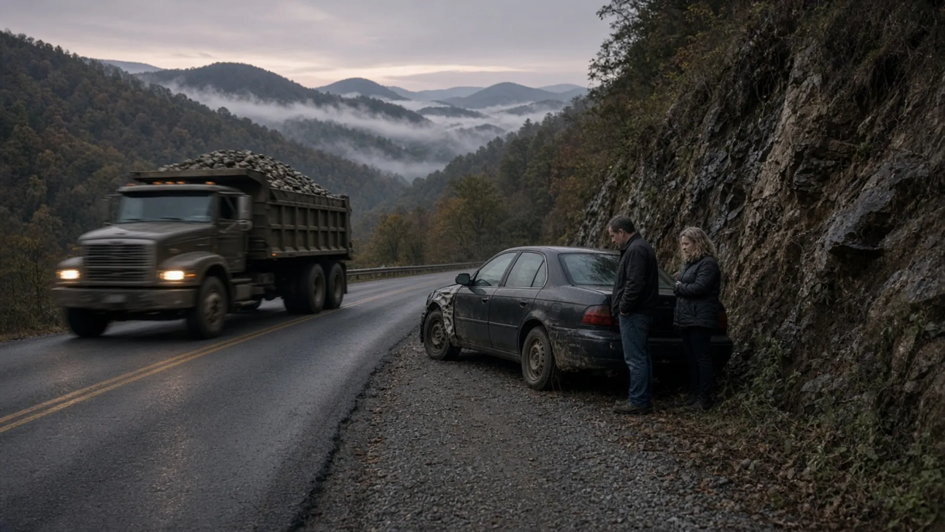 Eastern Kentucky personal injury lawyer — Loaded coal truck rounding a curve on a two-lane mountain road as a driver checks a damaged car on the narrow shoulder
