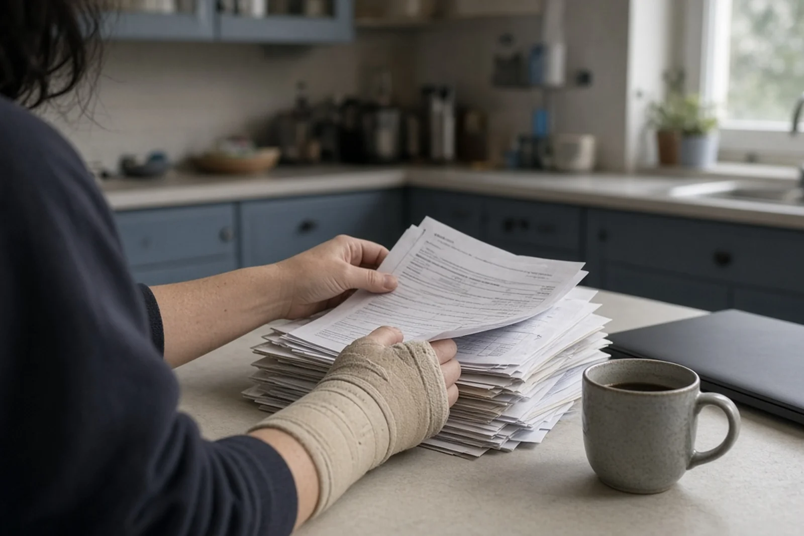 Person with a wrist brace reviewing medical bills and insurance paperwork at a kitchen table, tracking economic and non-economic damages after a car wreck