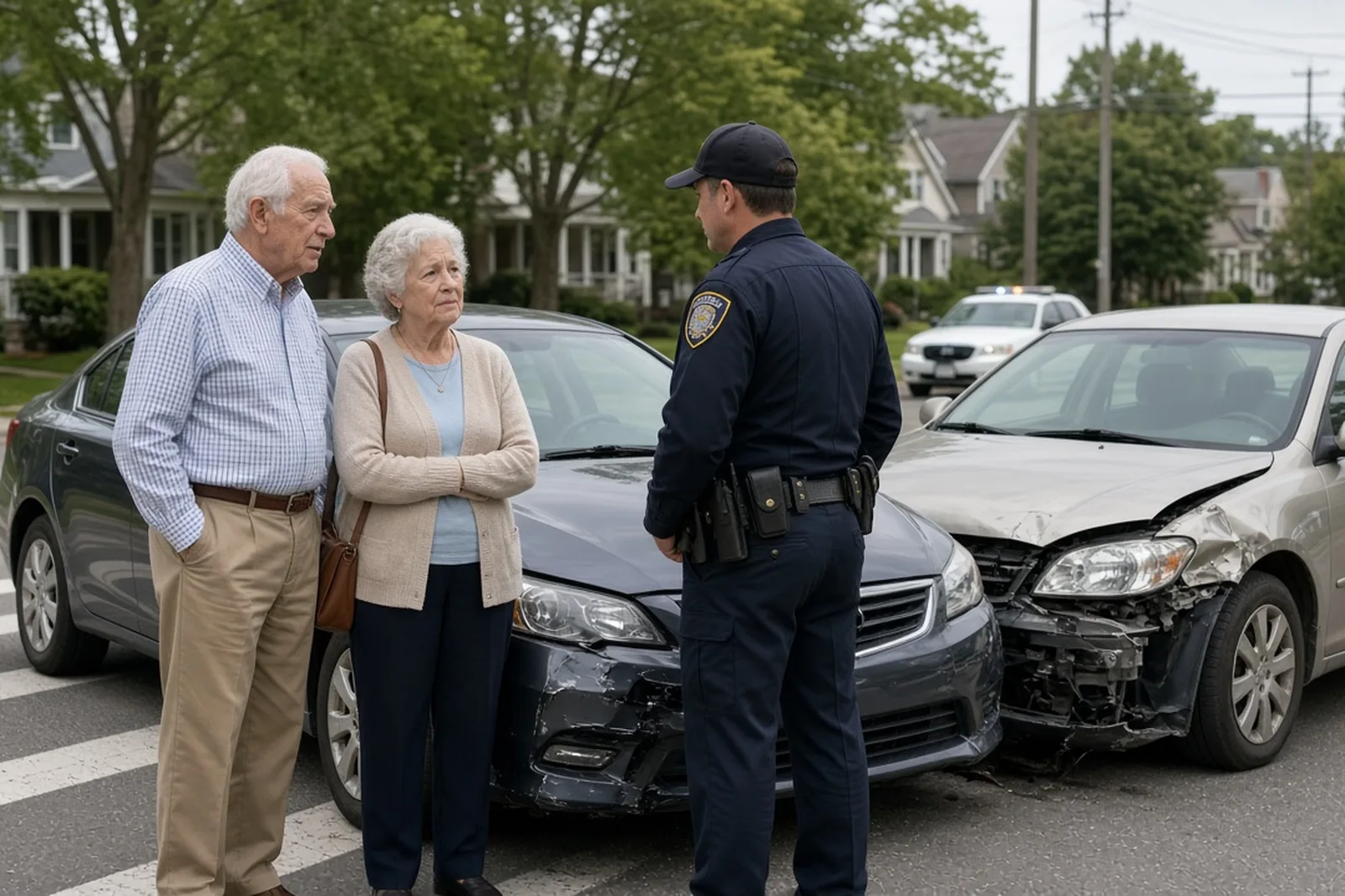 Older couple talking with a police officer after an elderly driver crash, beside two damaged cars on a residential street