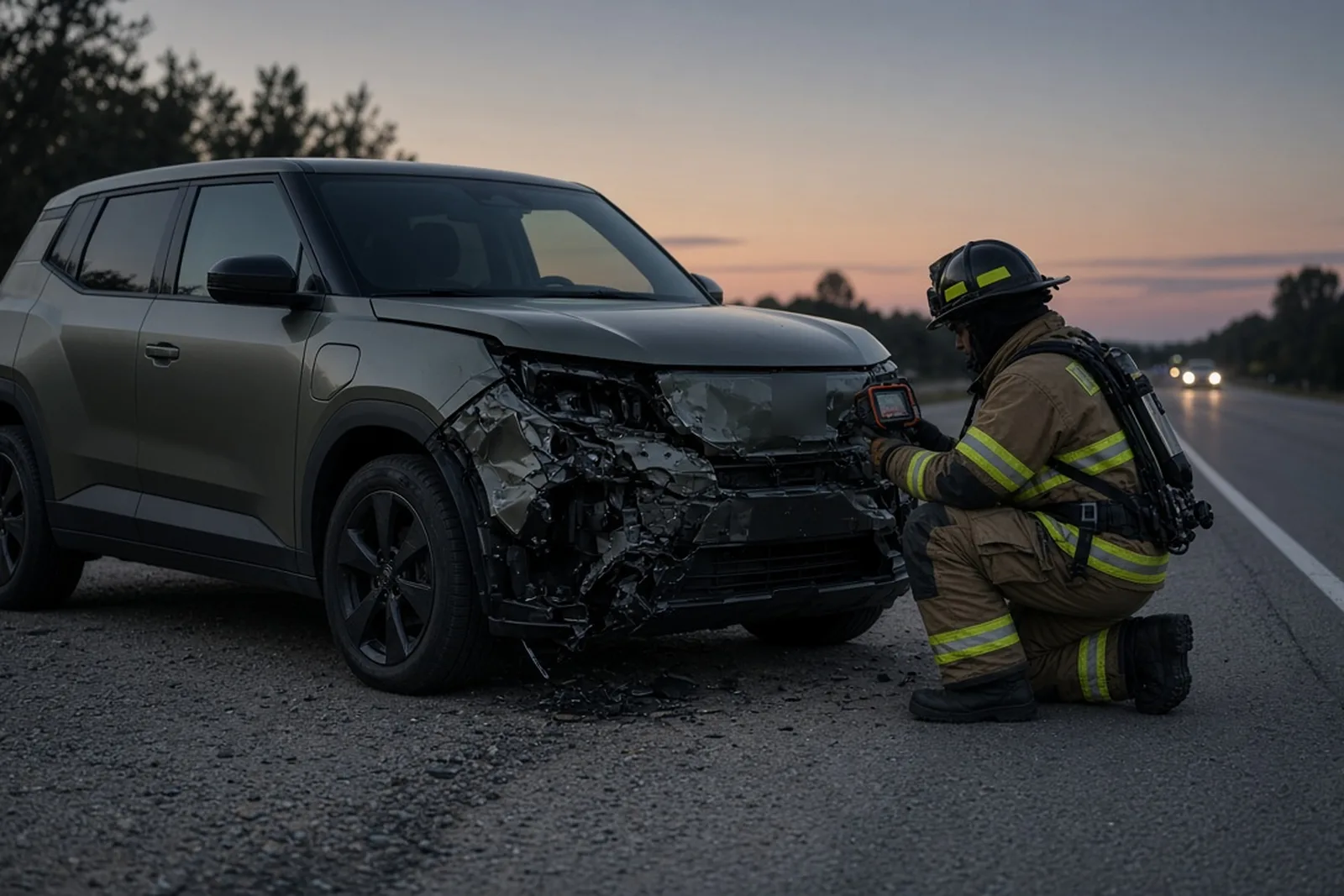 Damaged electric vehicle, an SUV, on a roadside at dusk with a firefighter standing beside it