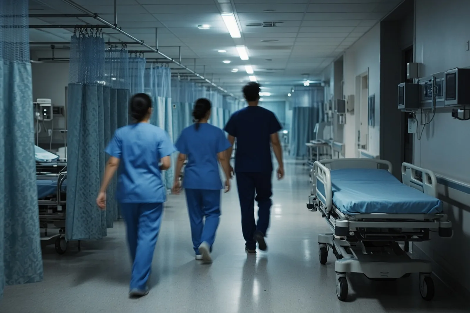 An emergency department hallway at night with staff moving between treatment bays, where an emergency room error can happen.