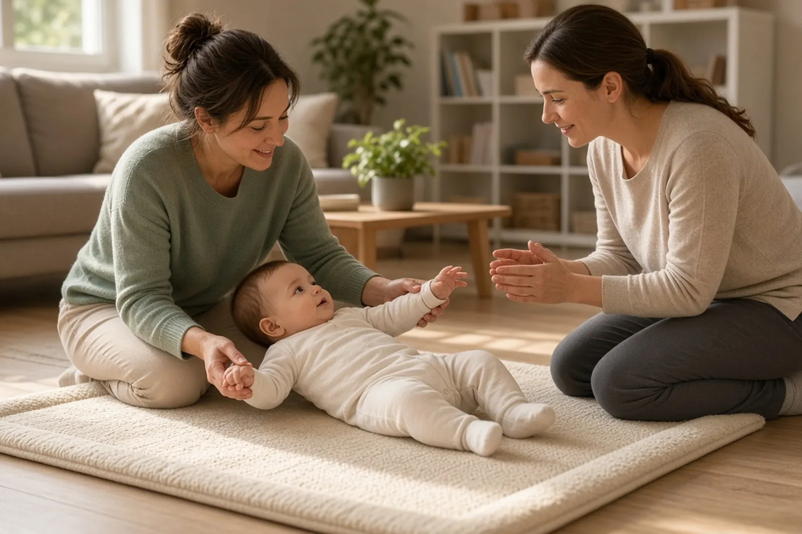 Erb's palsy therapy: a mother does arm exercises with her baby as a physical therapist demonstrates.