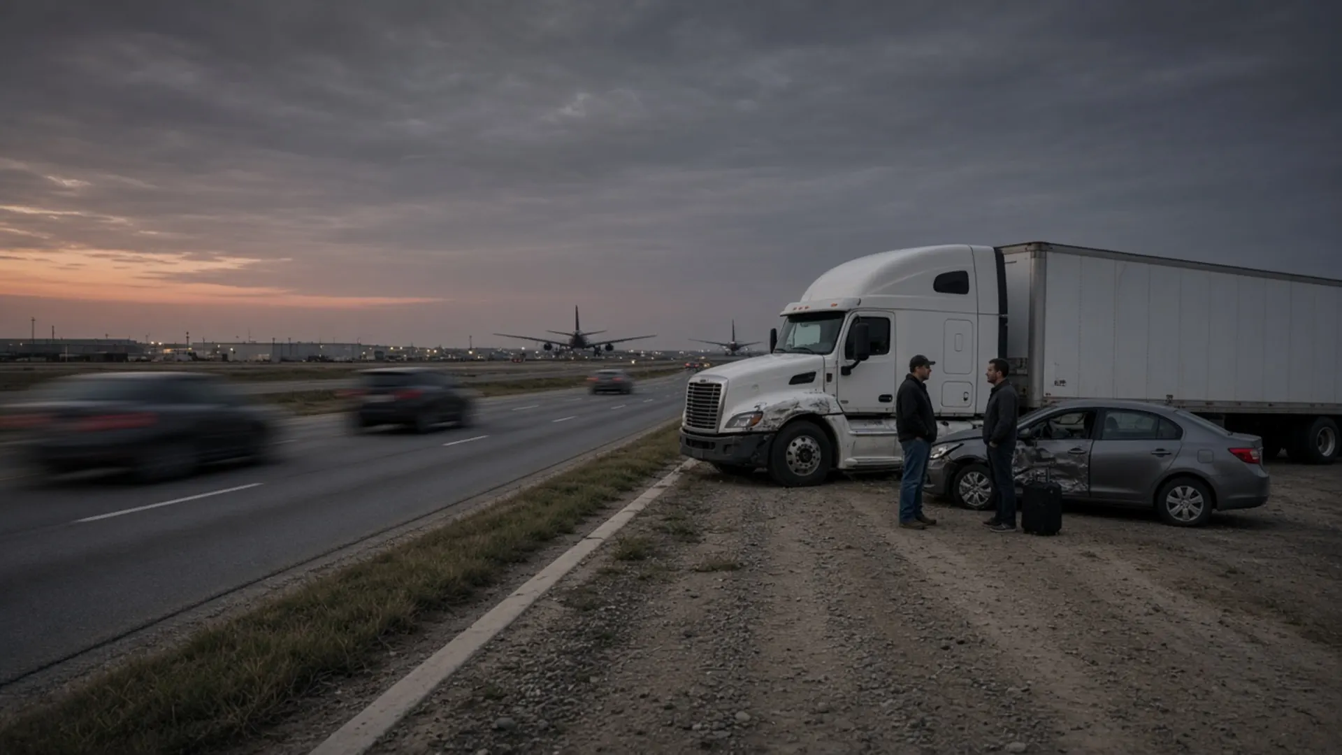 Erlanger, KY personal injury lawyer — Semi truck and rental car after a sideswipe on a frontage road near the airport in Erlanger