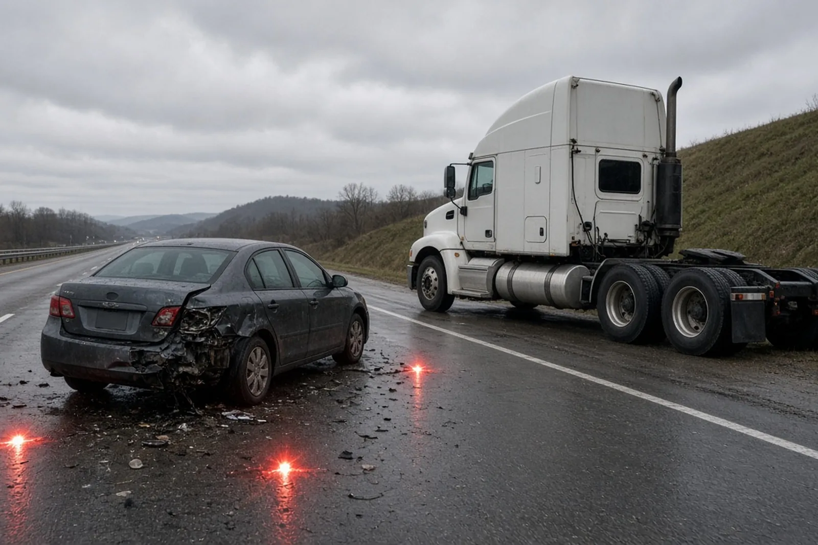 Camión de carga y auto dañado en una autopista de Kentucky tras uno de los accidentes de camión que atendemos