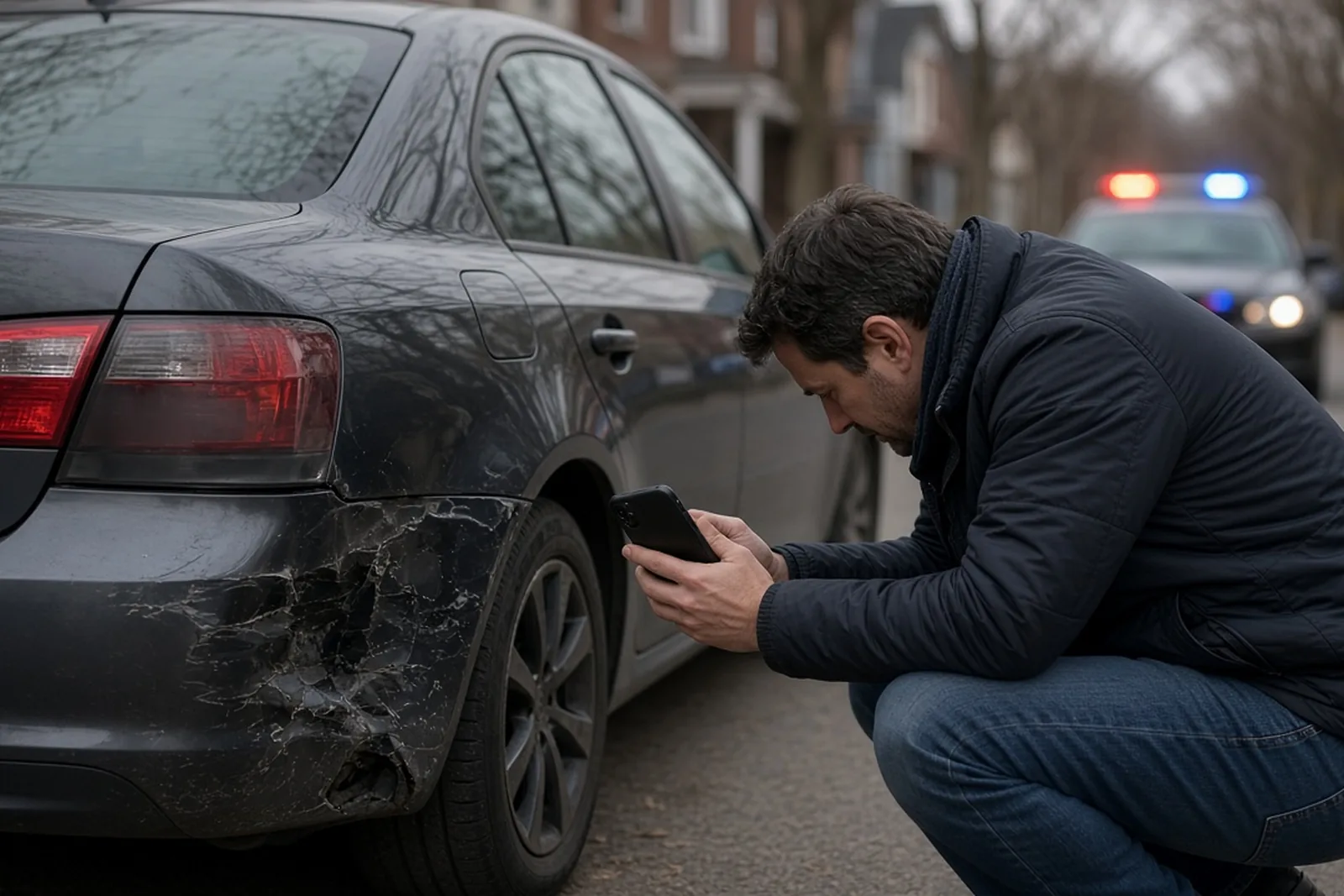 Qué hacer después de un accidente: conductor tomando fotos de un auto dañado tras el choque