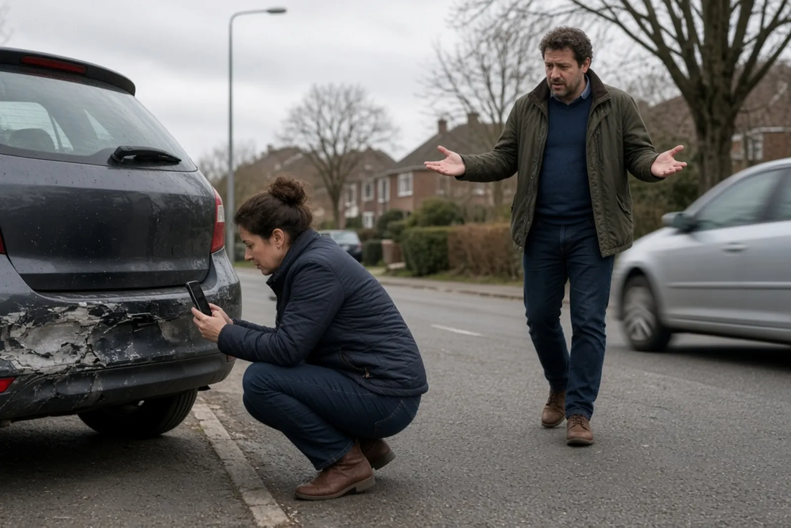 Person photographing vehicle damage at a car accident scene