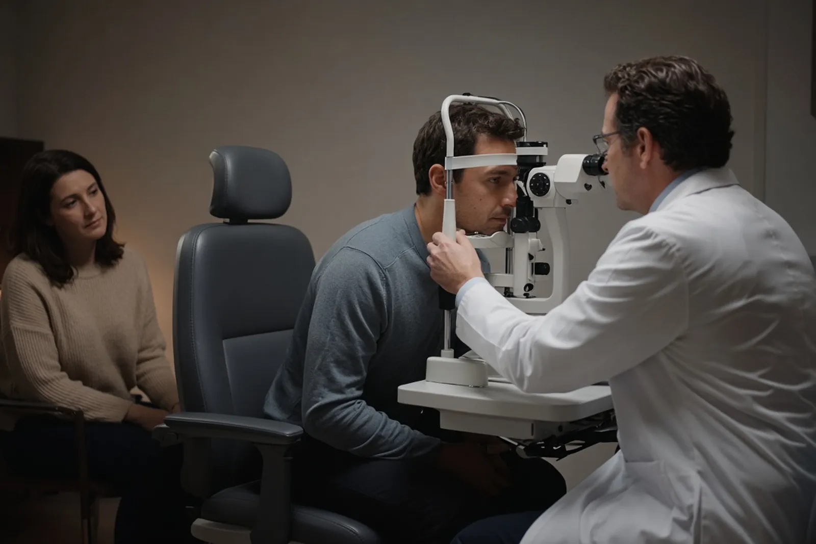 Eye injury after a car crash: an eye doctor examines a bruised patient while a family member waits.