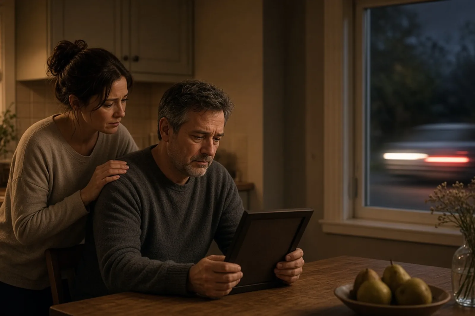Family grieving after a fatal car accident in Louisville: a daughter comforts her father at the kitchen table.