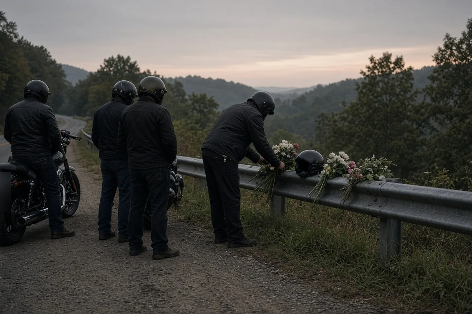 Fatal motorcycle accident: riders placing flowers and a helmet at a roadside guardrail memorial on a Kentucky country road at dusk