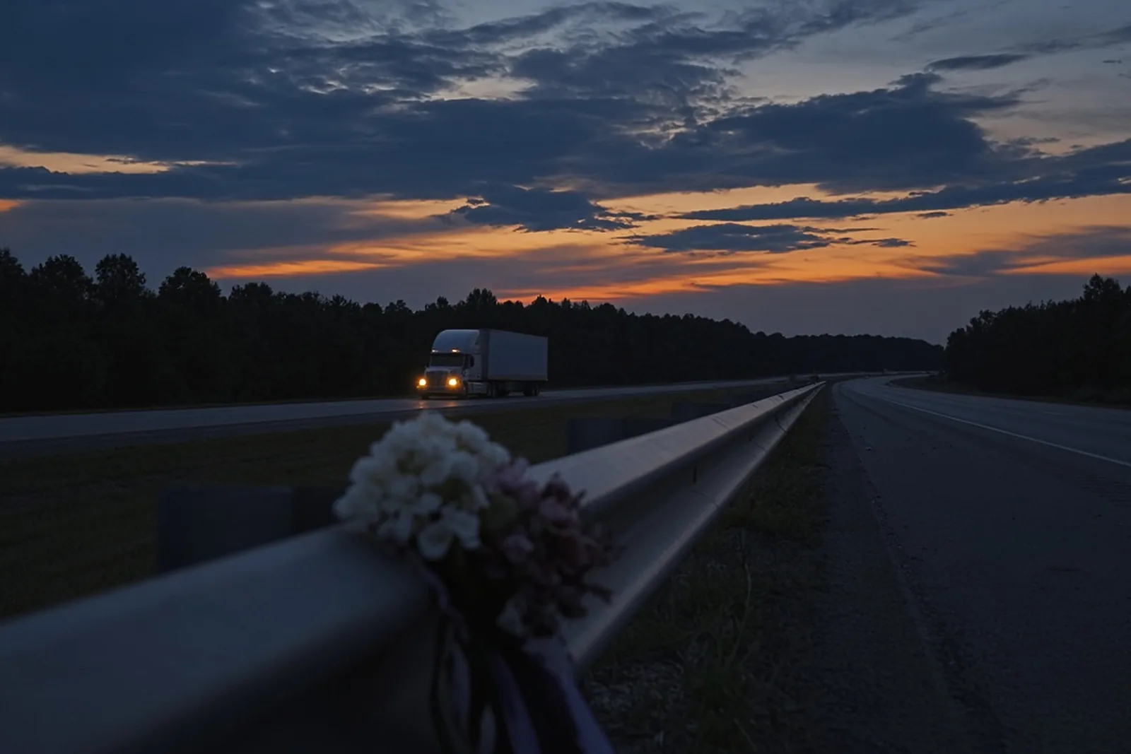 Fatal truck accident: flowers on an interstate guardrail at dusk with a semi-truck in the distance