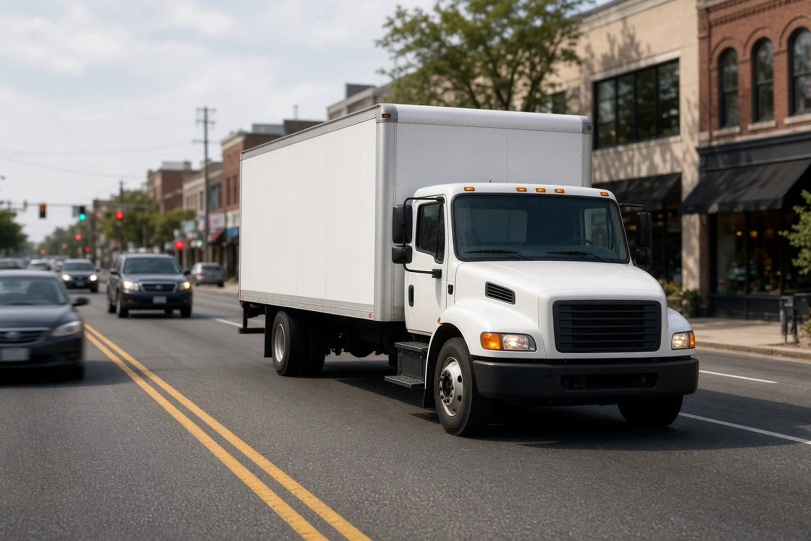 A white FedEx delivery truck makes a stop on a busy Louisville commercial street, where a truck accident can happen in seconds.