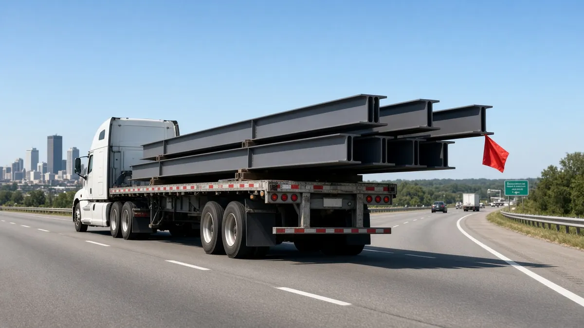 A flatbed truck carrying steel beams with an overhanging load and red flag on a Louisville highway, a common flatbed truck accident risk.