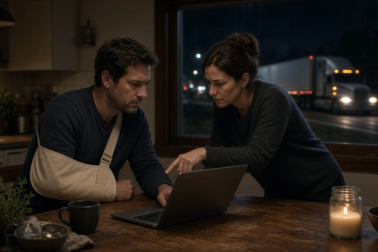FMCSA safety records: an injured driver and his partner research a trucking company's history after a crash.