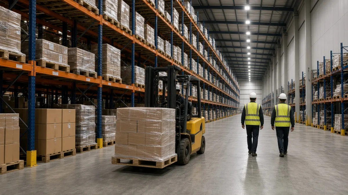A forklift moving a loaded pallet down a busy warehouse aisle near workers on foot, the kind of scene a forklift accident lawyer in Louisville investigates.