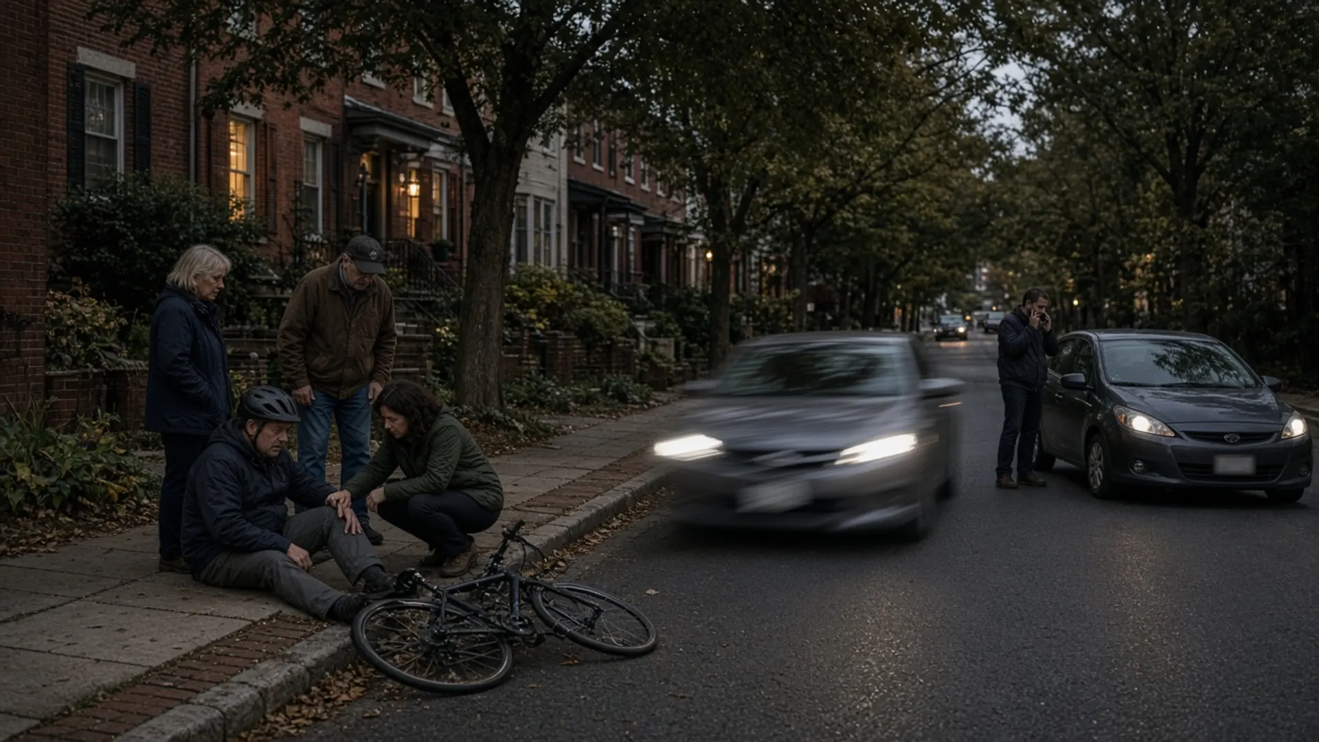 Fort Thomas, KY personal injury lawyer — Neighbors helping a cyclist beside a stopped car on a tree-lined residential avenue in Fort Thomas at dusk