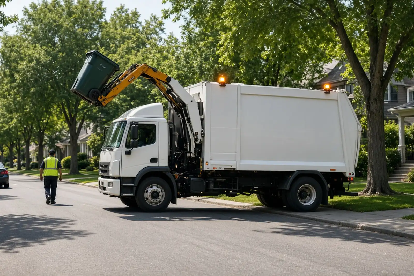 A car passes a stopped truck on a Louisville street, the setting of many garbage truck accident claims.