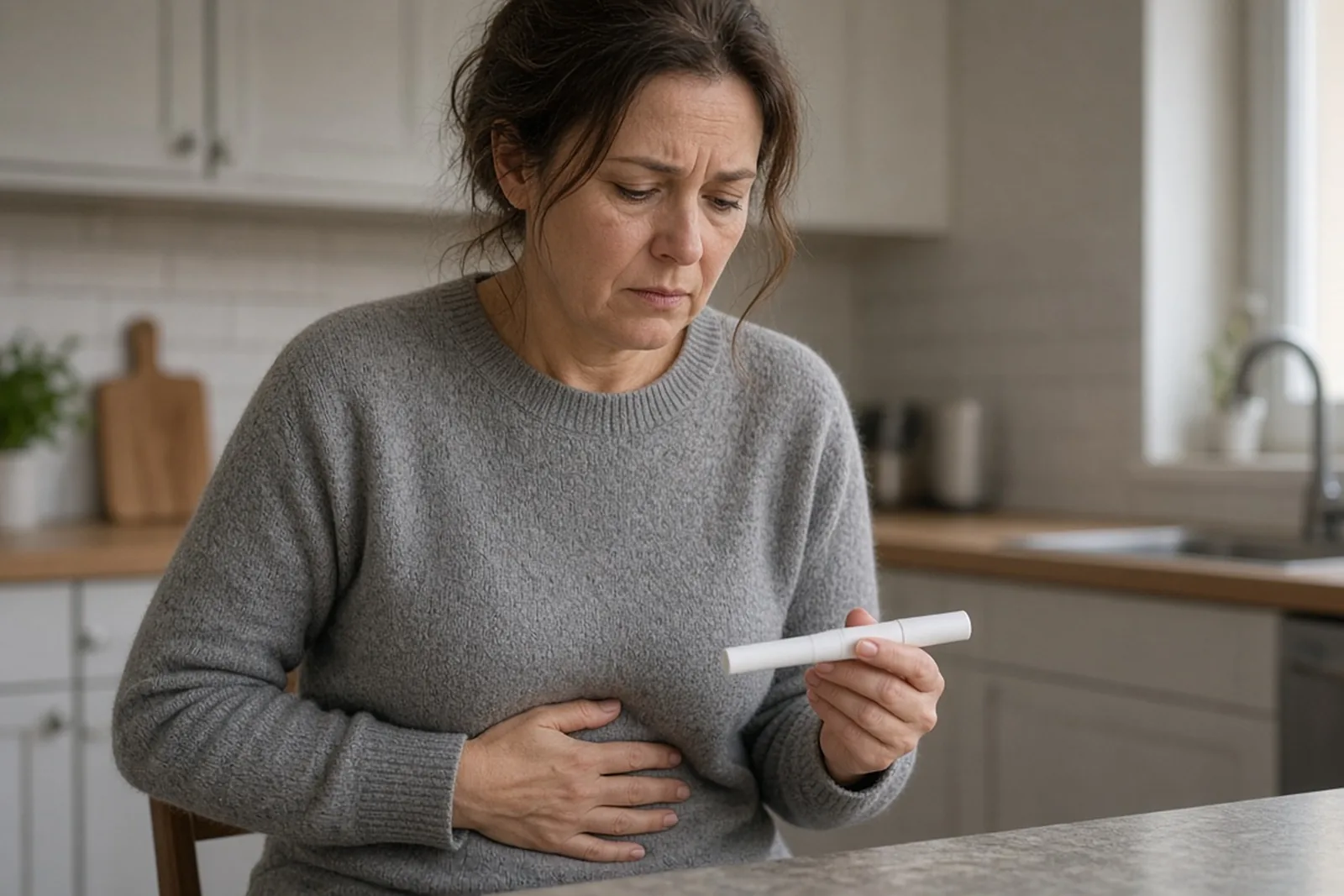 Patient holding a GLP-1 injection pen at a kitchen counter, a drug named in the lawsuit