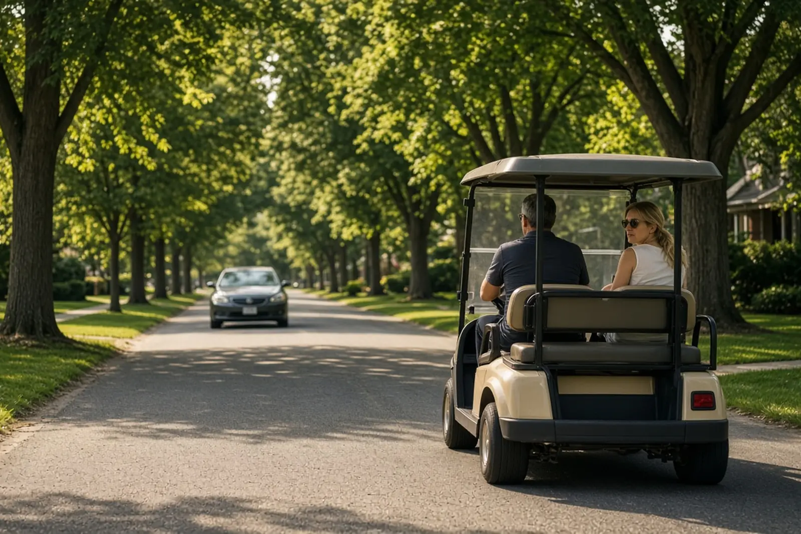 Golf cart accident risk: a cart shares a neighborhood street with a car in Kentucky.