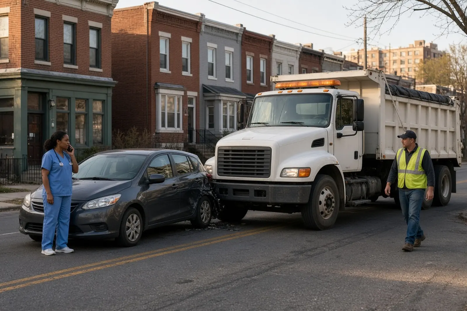 Government vehicle accident in Louisville: a city work truck has struck the rear of a hatchback.