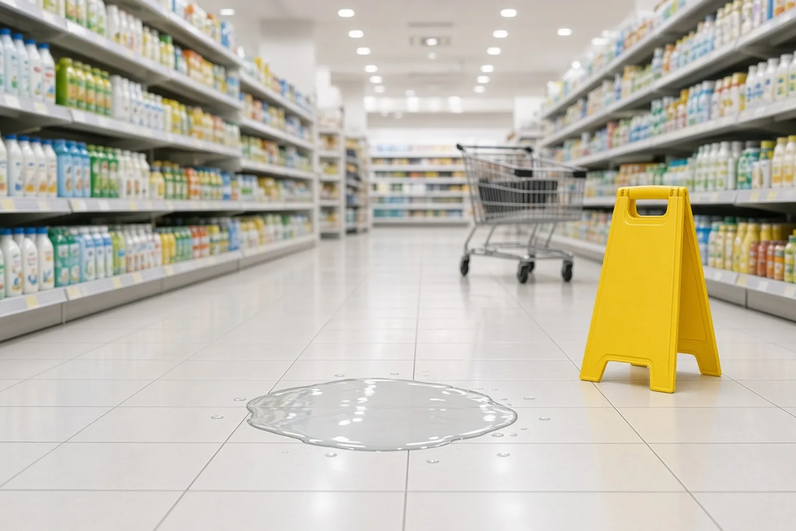A spilled liquid on a grocery store floor near a produce display, with no warning sign nearby, a classic grocery store slip and fall hazard.